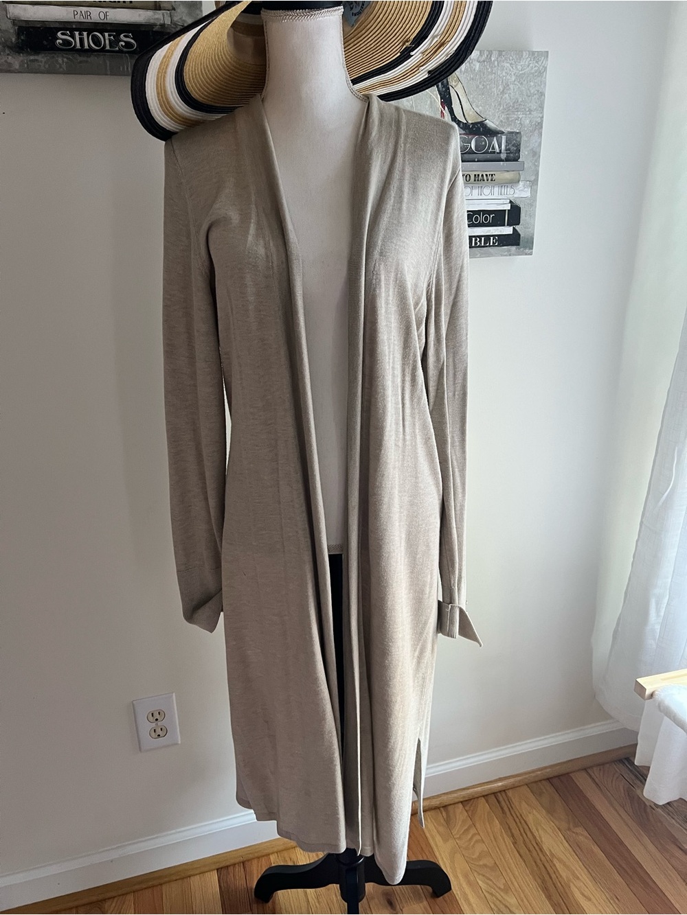 White House Black Market Long Open-Front Cardigan in Taupe